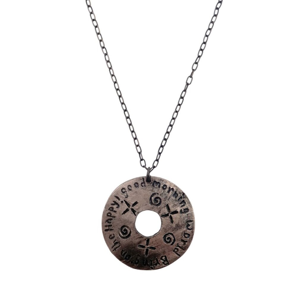 Anju "Good Morning World, Bring on the Happy" Antiqued Pewter Necklace - NEW